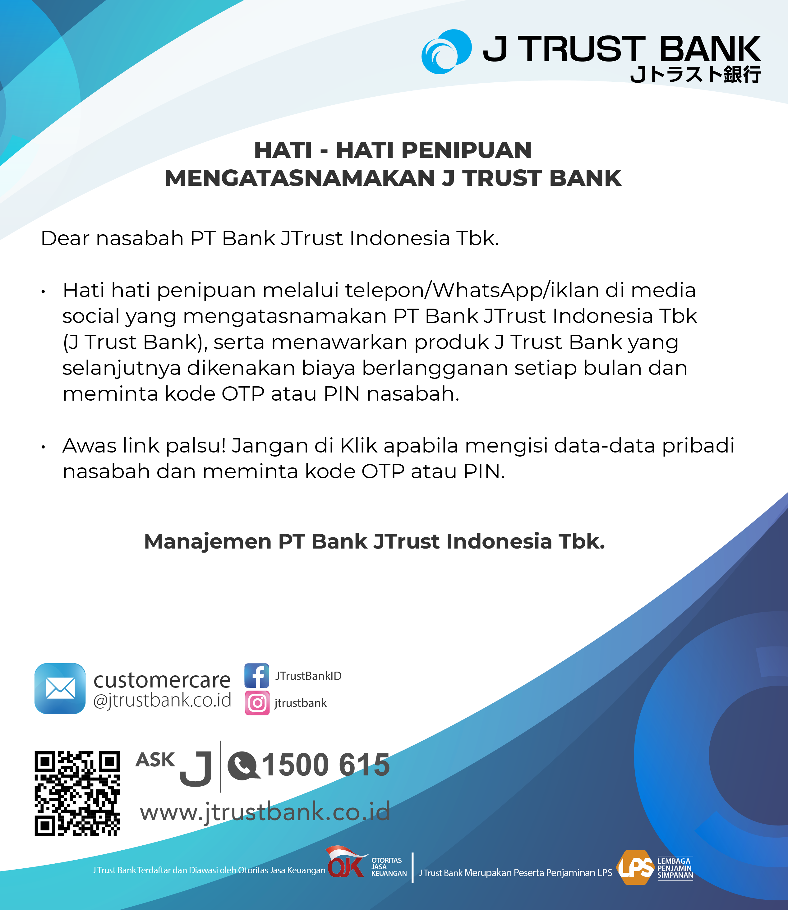 Beware of Fraud on Behalf of PT Bank JTrust Indonesia Tbk